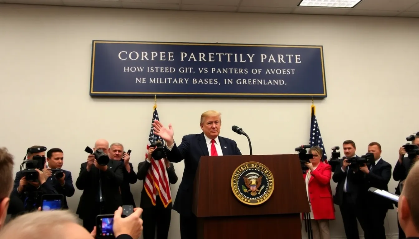 Former President Donald Trump speaks at a podium during a press conference, outlining his proposal to expand U.S. military bases in Greenland amid discussions on Arctic security and geopolitical tensions.