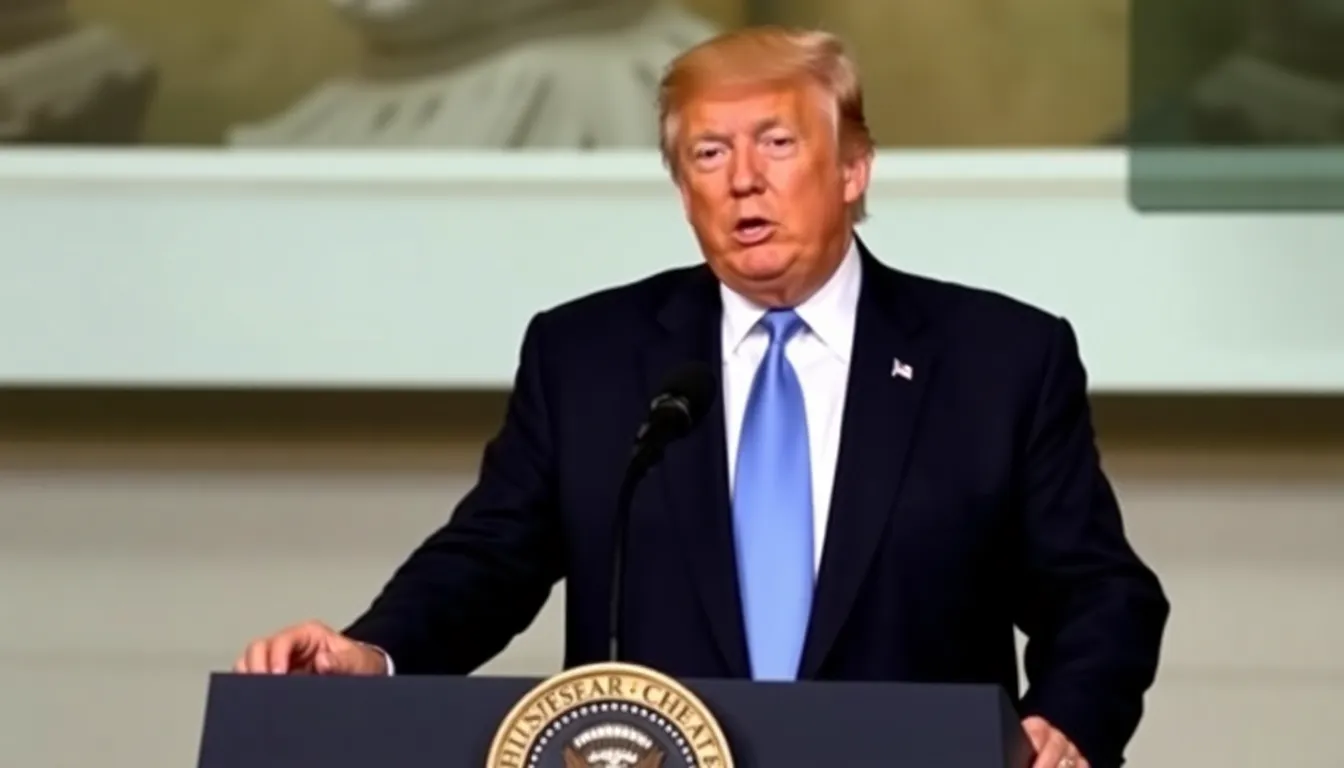 Former President Donald Trump speaks at a podium during a press conference, urging Congress to take action against Wall Street's influence in the singlefamily home market.