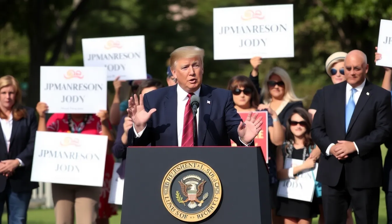 Former President Donald Trump stands at a podium during a press conference announcing his lawsuit against JPMorgan Chase and CEO Jamie Dimon, surrounded by supporters holding signs.