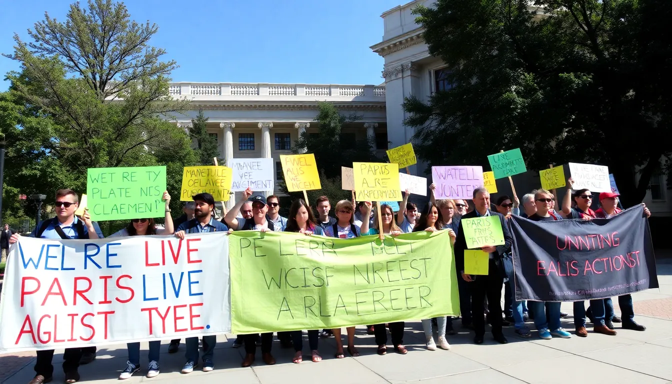 A group of environmental activists gathers outside a government building, holding signs and banners to protest the United States' withdrawal from the Paris Agreement.