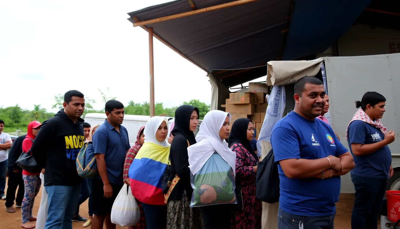 A group of Venezuelan refugees waits in line for food assistance at a makeshift distribution center in a neighboring country, highlighting the ongoing humanitarian crisis.