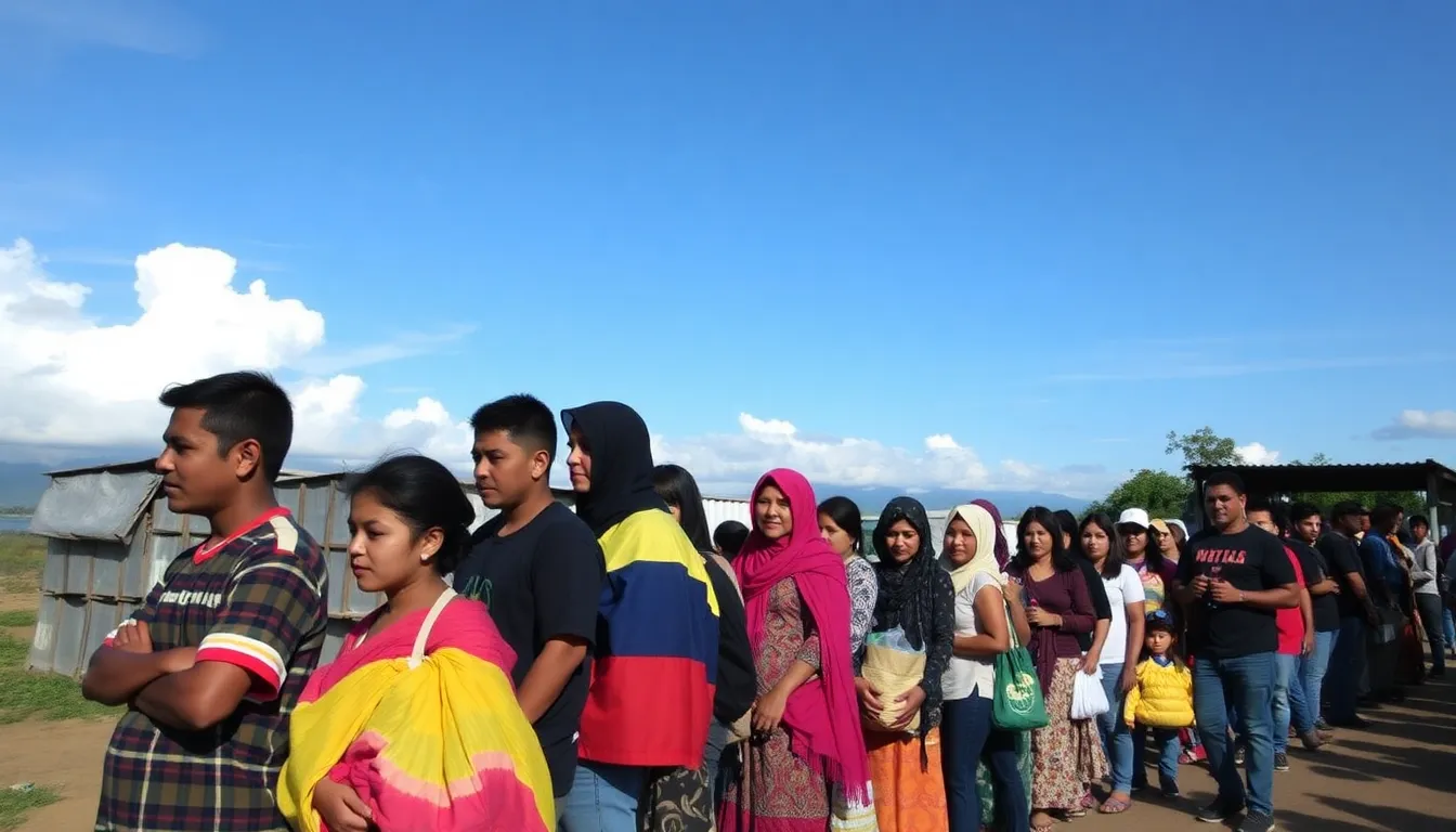 A group of Venezuelan families gathered in a makeshift shelter, illustrating the humanitarian crisis and the impact of displacement on everyday lives