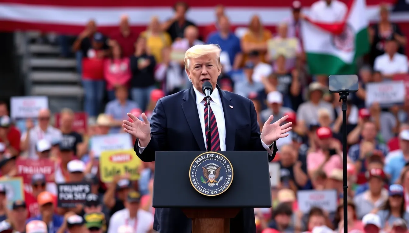 Former President Donald Trump speaks to a crowd at a rally, emphasizing the need for U.S. intervention in response to the Iranian government's actions against protesters.