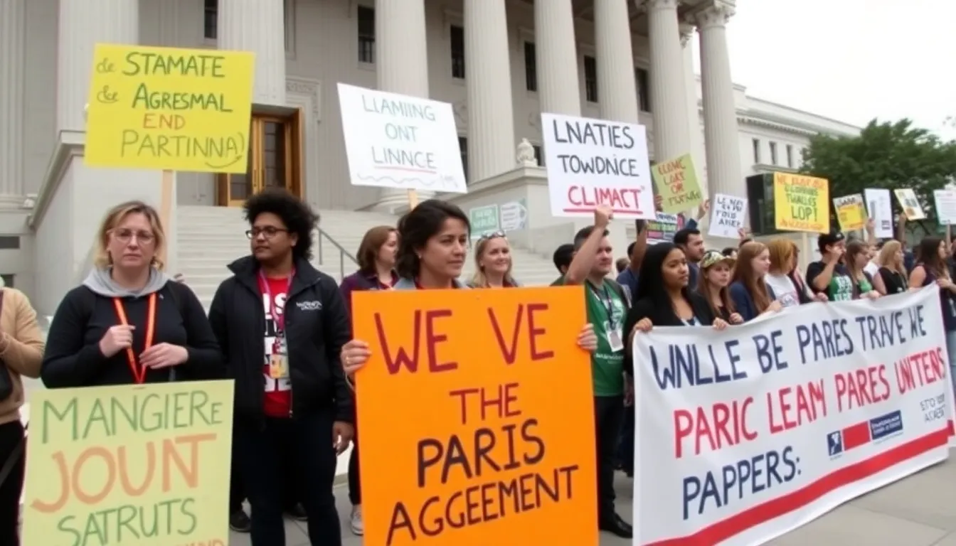 A protest rally organized by environmental advocacy groups, highlighting their opposition to the U.S. withdrawal from key climate treaties and their demand for stronger climate protections