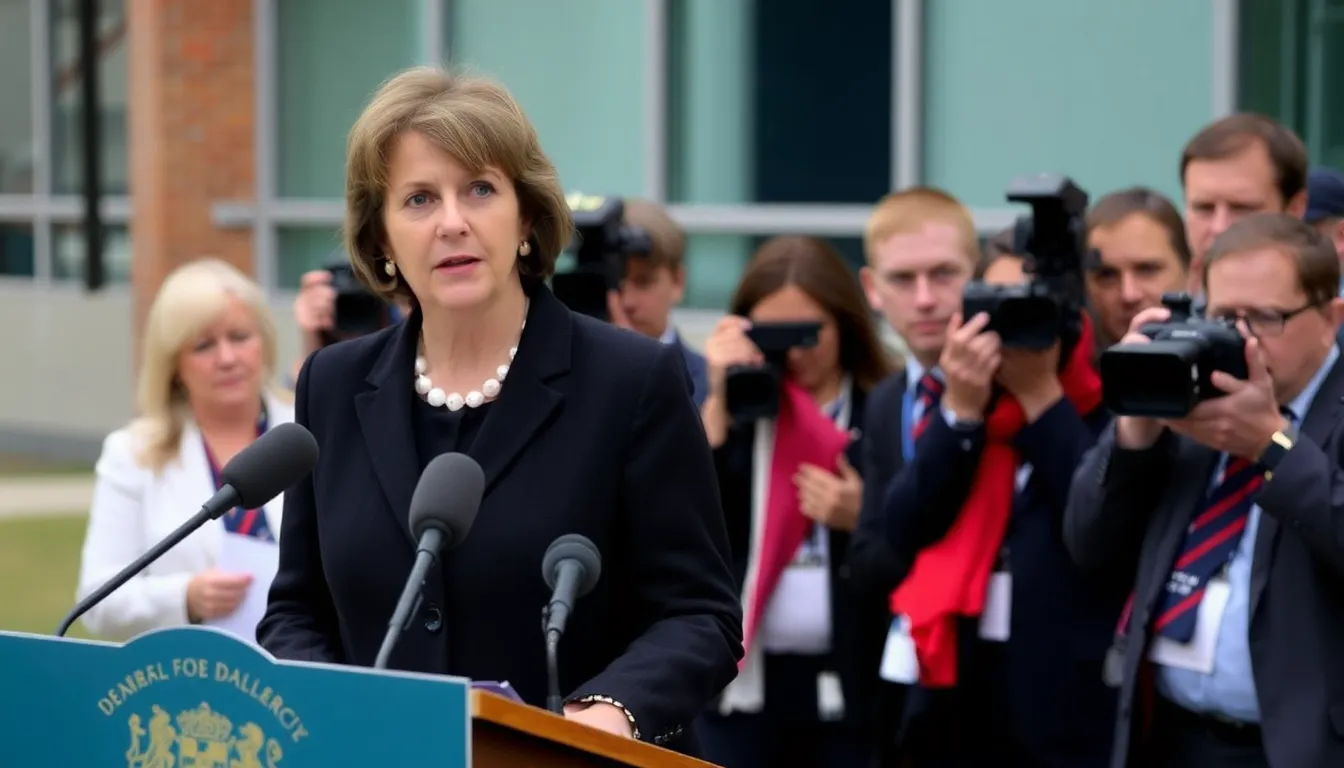 U.K. Home Secretary Suella Braverman speaks at a podium during a press conference, addressing the controversy over the ban on Israeli soccer fans while surrounded by reporters and cameras.