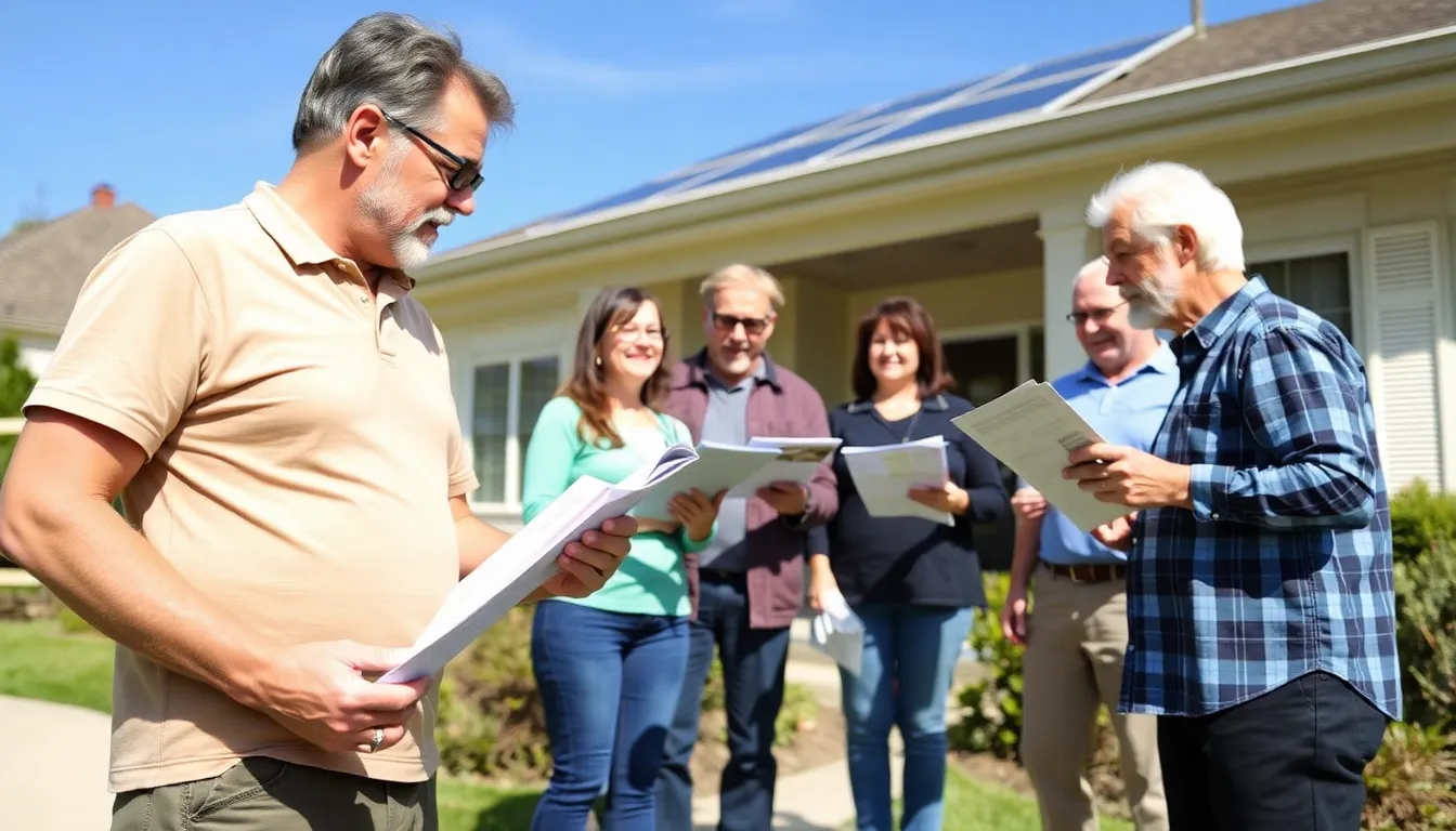 A group of homeowners gathers outside a house as they discuss the installation of solar panels, reflecting the UK government's new funding initiative for renewable energy solutions.