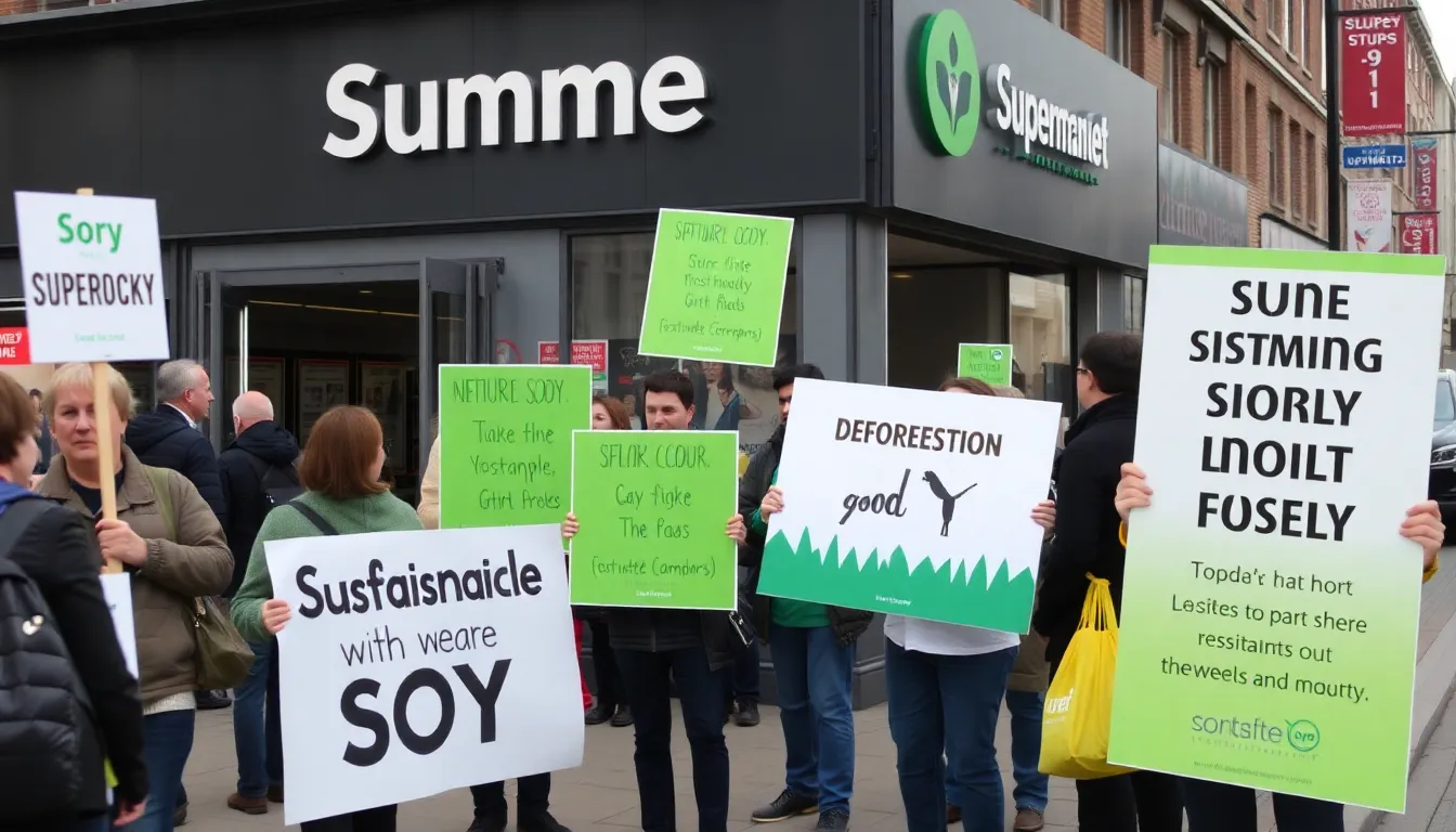 Protesters gather outside a UK supermarket, holding signs advocating for sustainable soy sourcing and expressing concerns over deforestation linked to soy production.