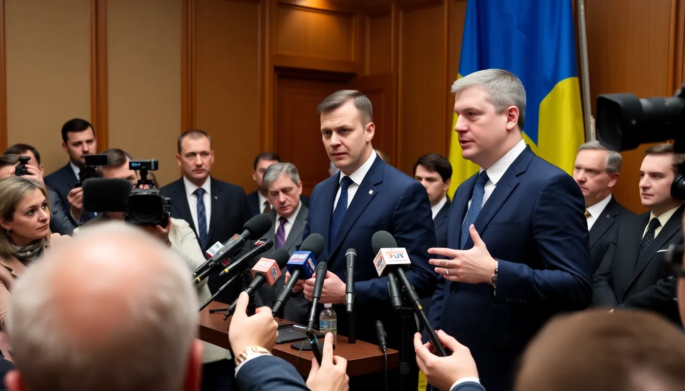 Ukrainian President Volodymyr Zelensky speaks at a press conference announcing the dismissal of highranking officials within the Security Service of Ukraine, with a backdrop of concerned journalists and political analysts.