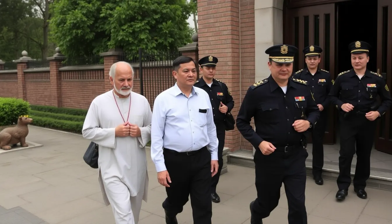 Several church leaders are being escorted by police officers during a worship service in Henan province, reflecting the ongoing crackdown on underground religious groups in China.