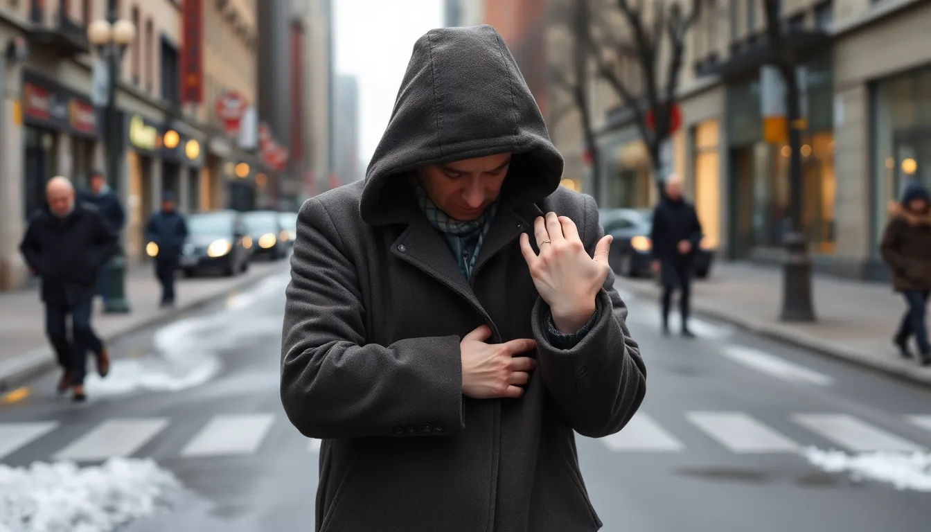 A person wearing a heavy winter coat stands outside, visibly uncomfortable as they scratch at raised welts on their arms caused by cold urticaria.
