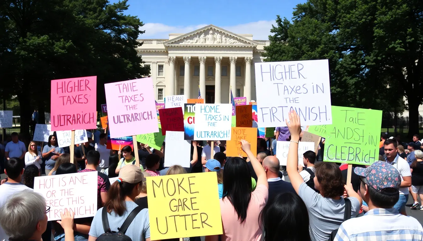 A group of protesters holding signs advocating for higher taxes on the ultrarich gathers outside a government building, emphasizing their demand for economic equality.