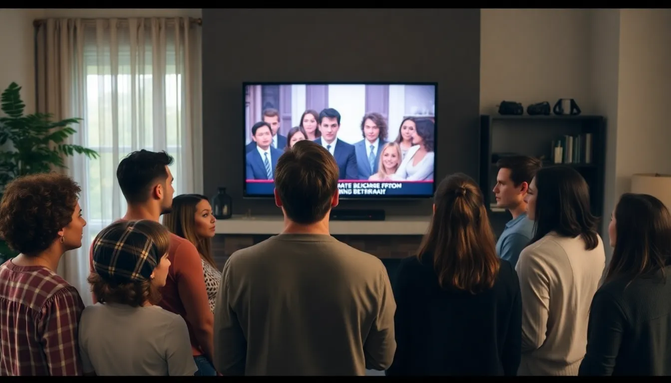 A group of people gathered around a television screen, intently watching a reality show that explores themes of deception and betrayal, with expressions of intrigue and tension on their faces.