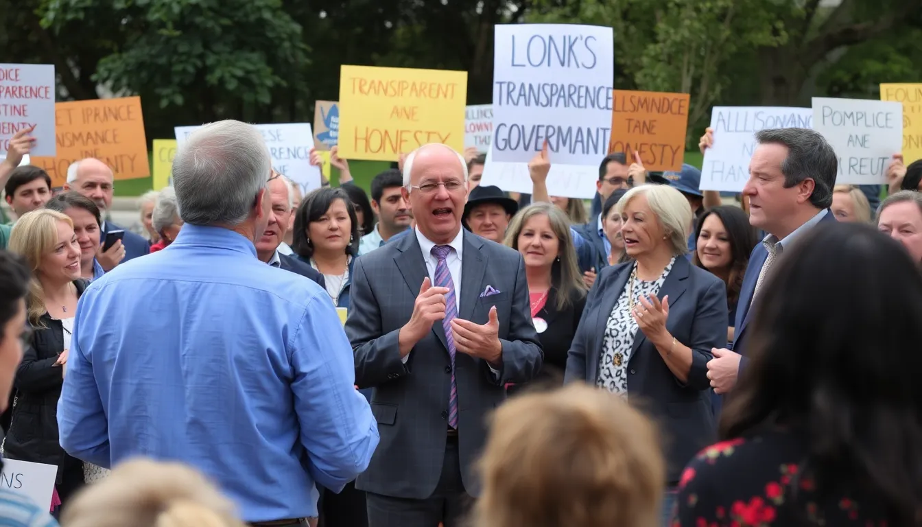 A group of people engaged in a heated discussion at a political rally, with signs advocating for transparency and honesty in governance.