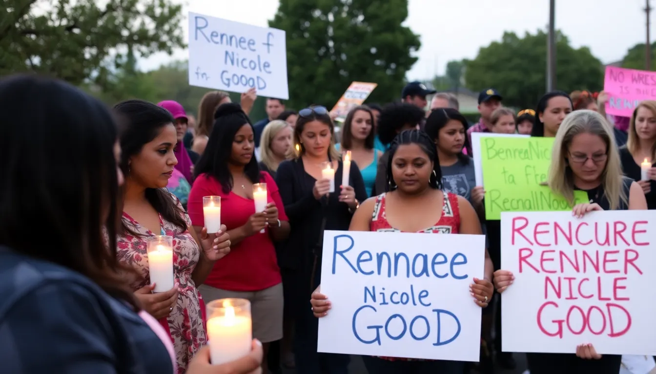 A group of mourners gathers at a vigil holding candles and signs in memory of Renee Nicole Good, advocating for reform in immigration policies and better treatment of detainees.