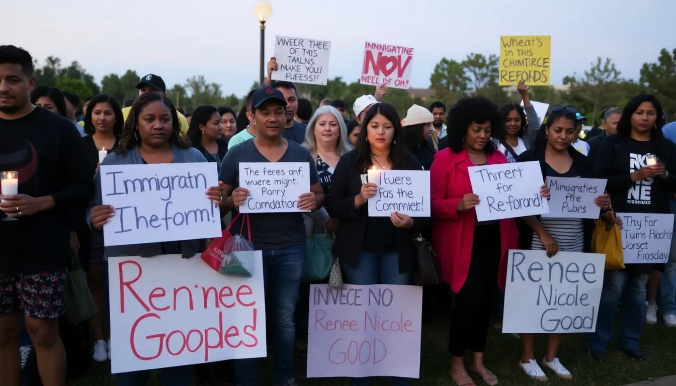 A candlelight vigil where participants hold candles in solidarity, reflecting the community's grief over Renee's tragic death