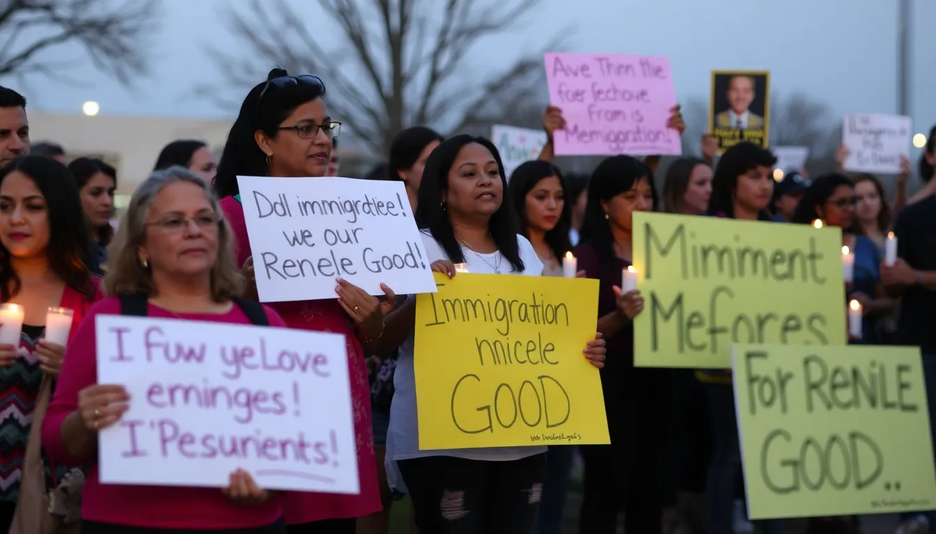 An immigration rights protest featuring signs calling for accountability and humane treatment of detainees in ICE facilities