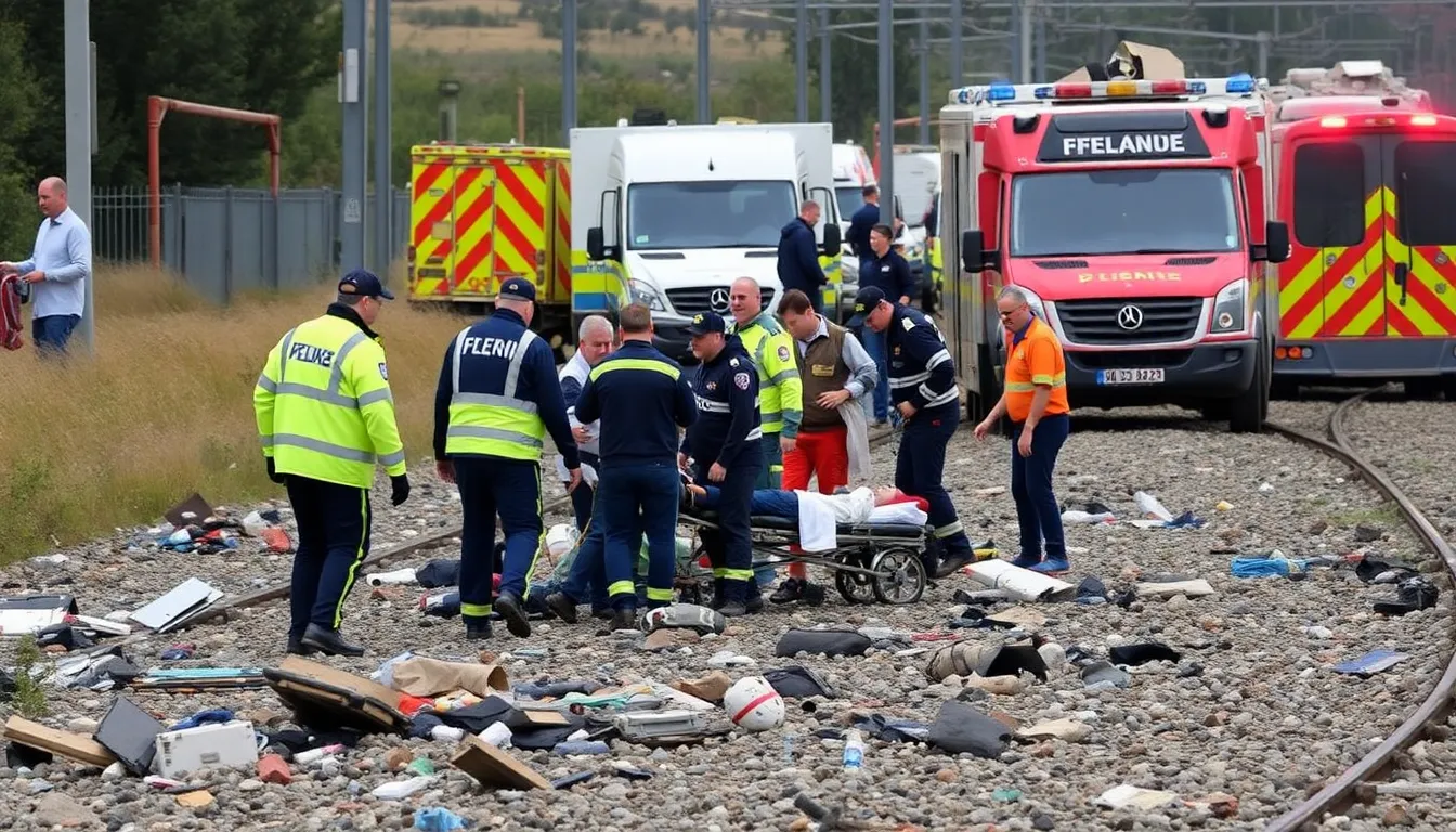 First responders work diligently at the scene of the train crash in Spain, surrounded by debris and emergency vehicles as they assist injured passengers.