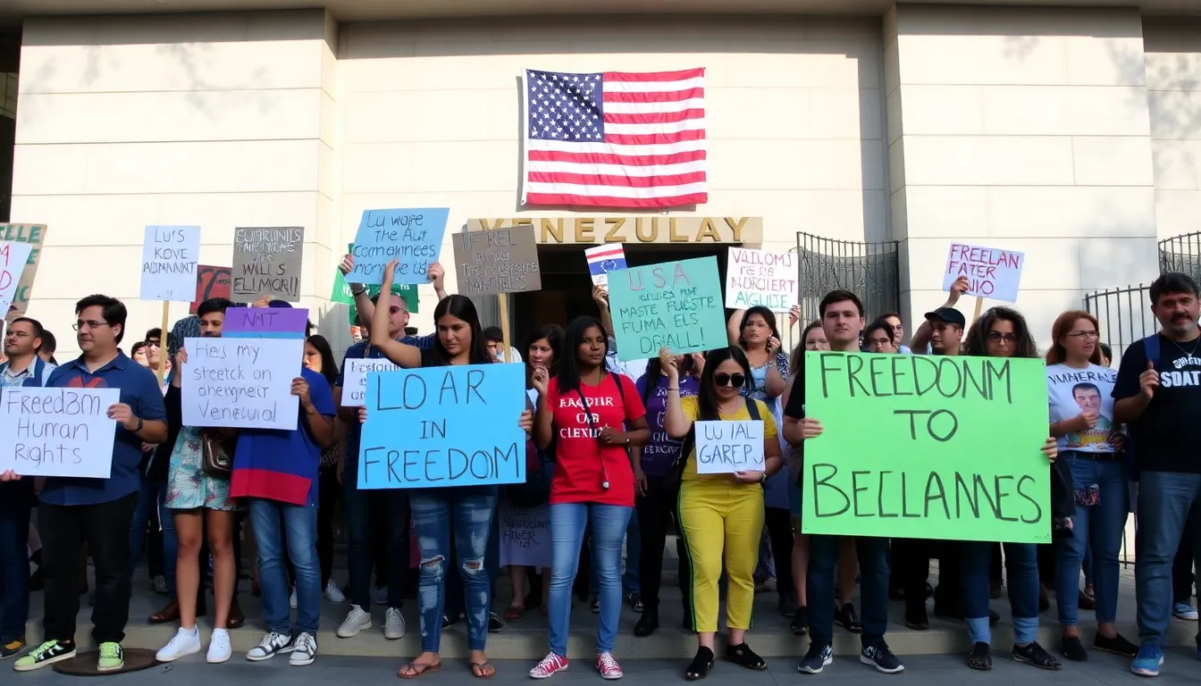 A group of protesters holds signs demanding freedom and human rights in front of the US embassy, reflecting the ongoing tensions between the US and Venezuela over oil sales and political issues.