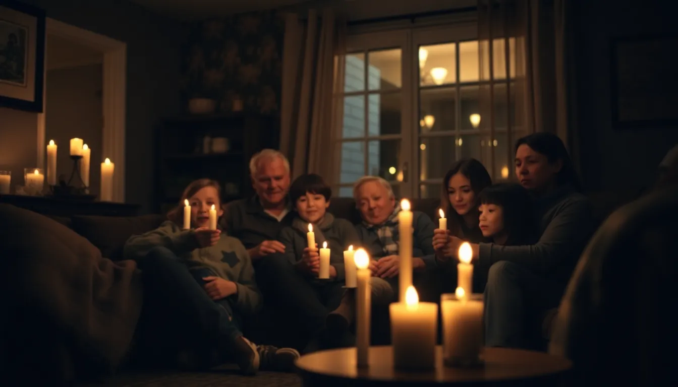 A family sits in a dimly lit living room, surrounded by candles and blankets, as they cope with a power outage caused by rising energy costs.