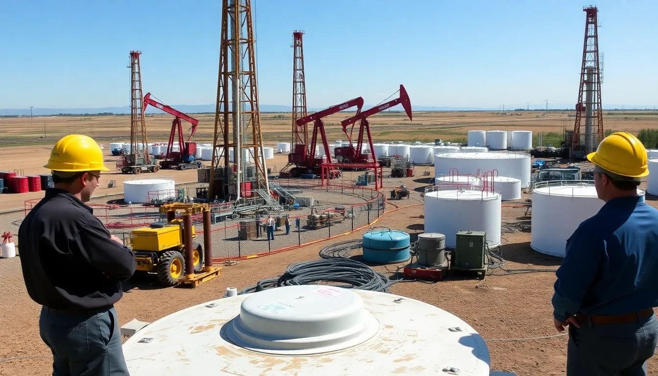 Workers in a fracking site monitor equipment as they extract oil amidst a backdrop of drilling rigs and storage tanks, highlighting the challenges faced by the U.S. oil industry in a saturated market.