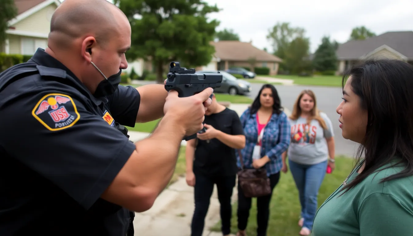 A U.S. immigration agent is seen aiming a firearm during a tense confrontation with a woman in a suburban neighborhood, as onlookers watch in shock.