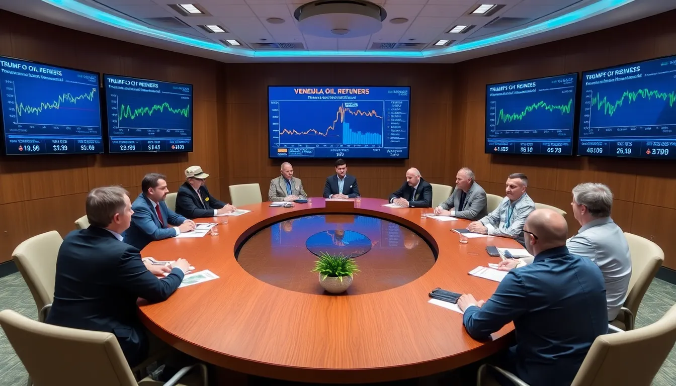 A group of U.S. refiners discusses strategies in a conference room, with charts and data on oil prices displayed on screens, reflecting the potential impact of Trump's policy changes on Venezuelan oil imports.
