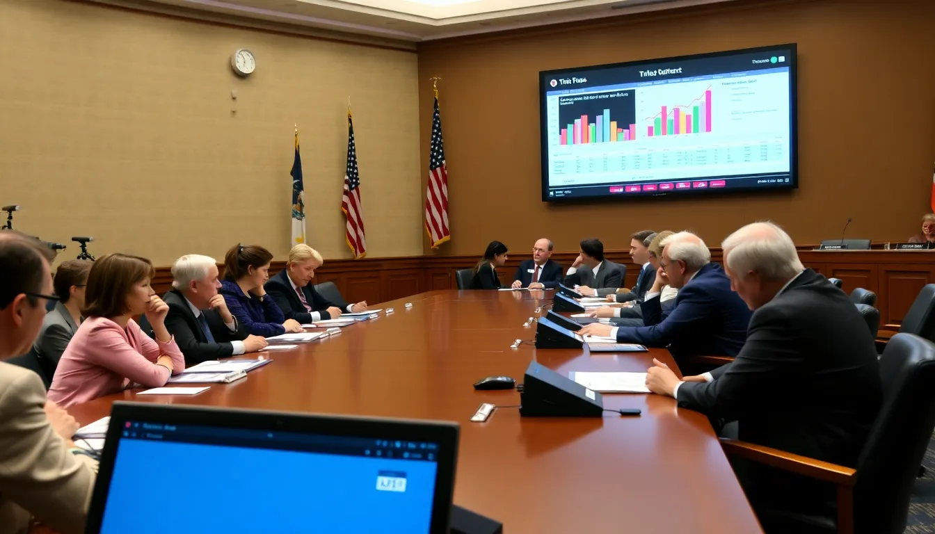 A group of U.S. lawmakers discusses the implications of the potential TikTok deal during a tense congressional hearing, with charts and data on a screen behind them.