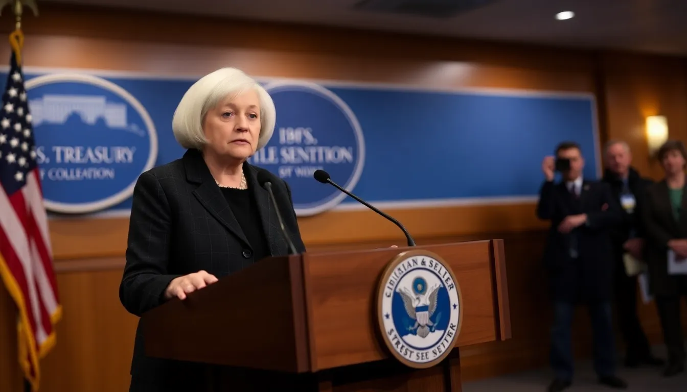 U.S. Treasury Secretary Janet Yellen speaks at a podium during a press conference, addressing the growing separatism movement in Alberta and its potential economic implications.