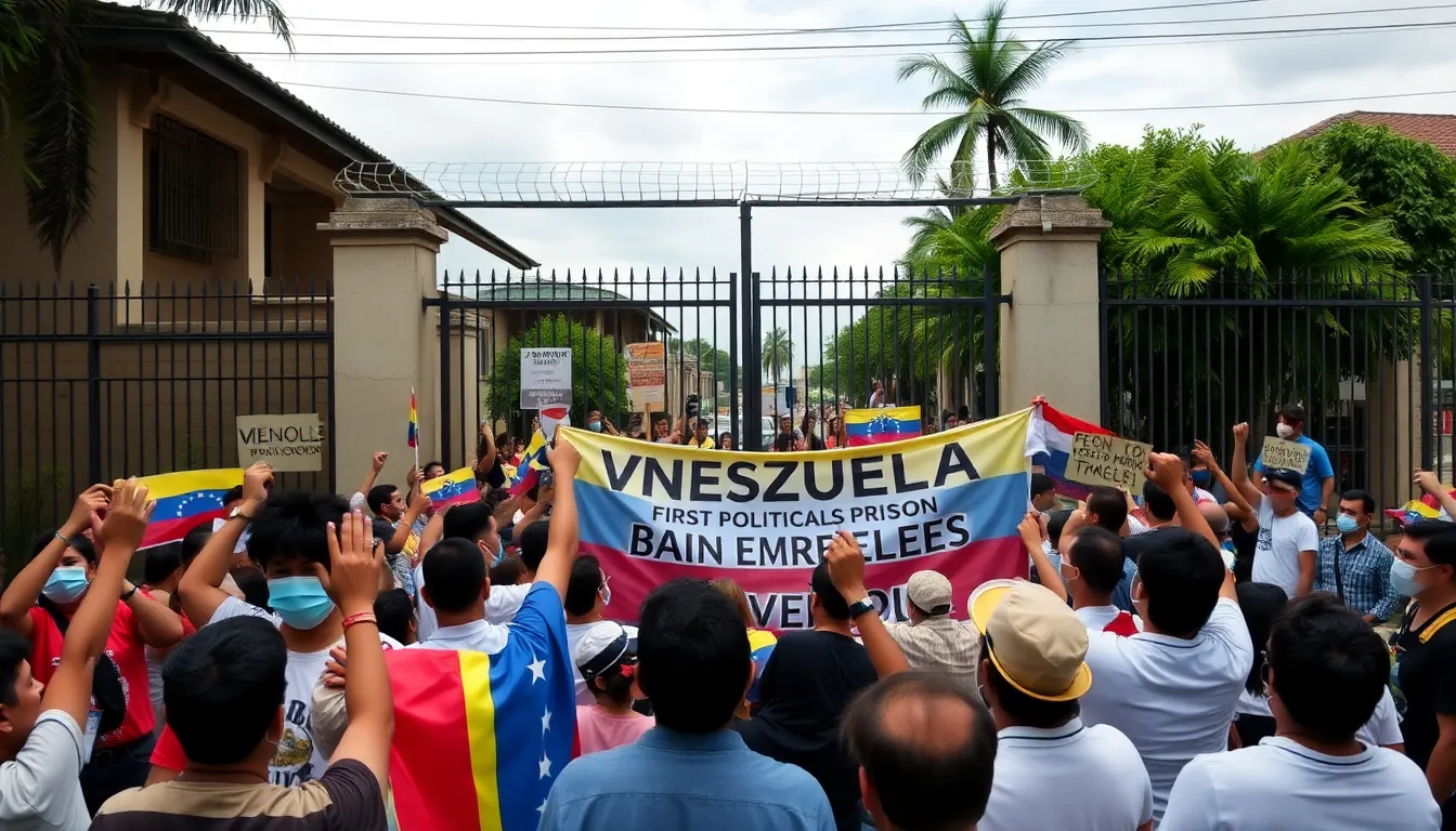 A group of supporters gathers outside a Venezuelan prison, holding banners and cheering as the first political prisoners are released amid a backdrop of heightened political tension and calls for reform.