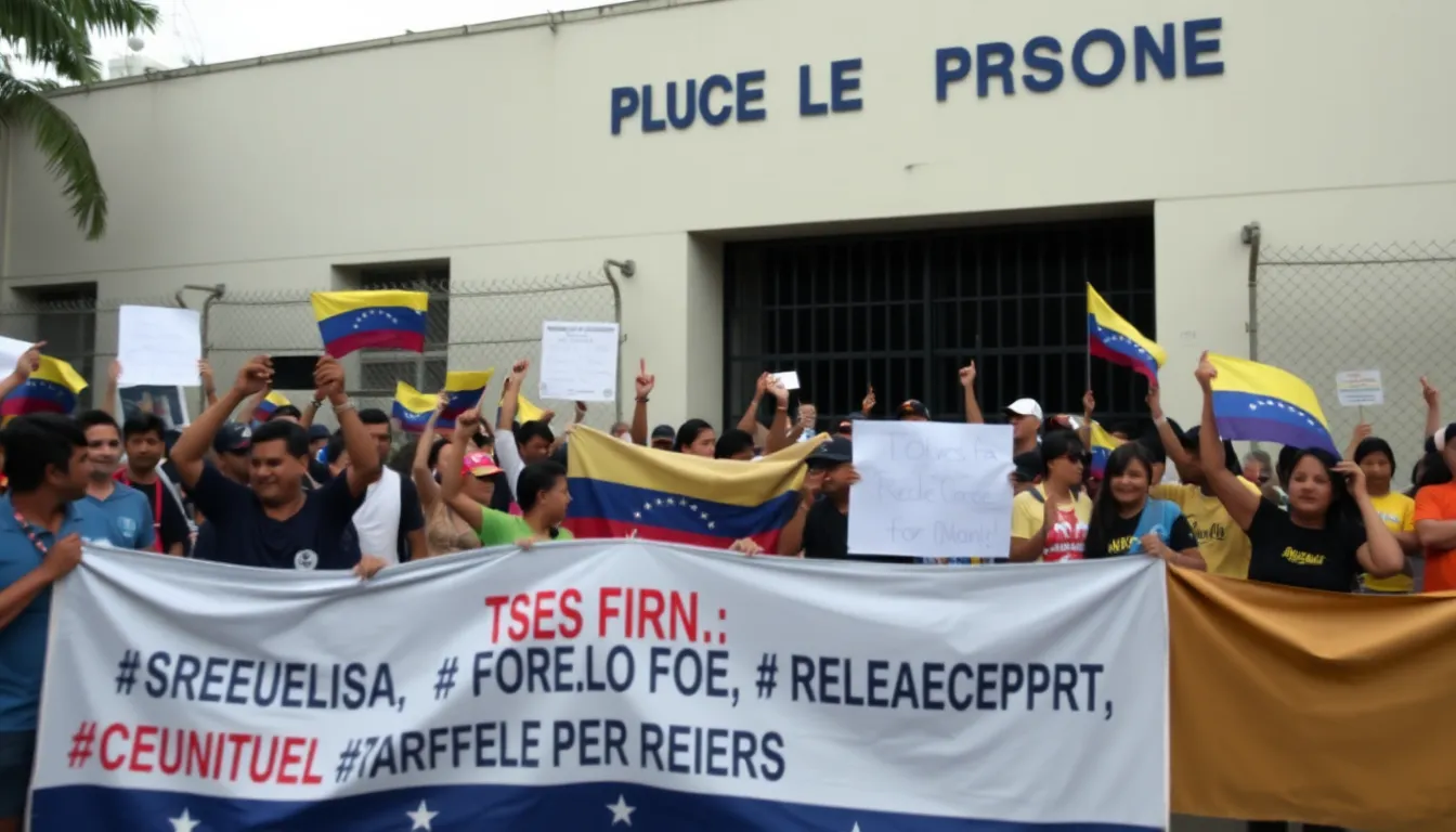 Protesters rallying in the streets, demanding the release of all political prisoners while holding signs that call for accountability and justice in Venezuela