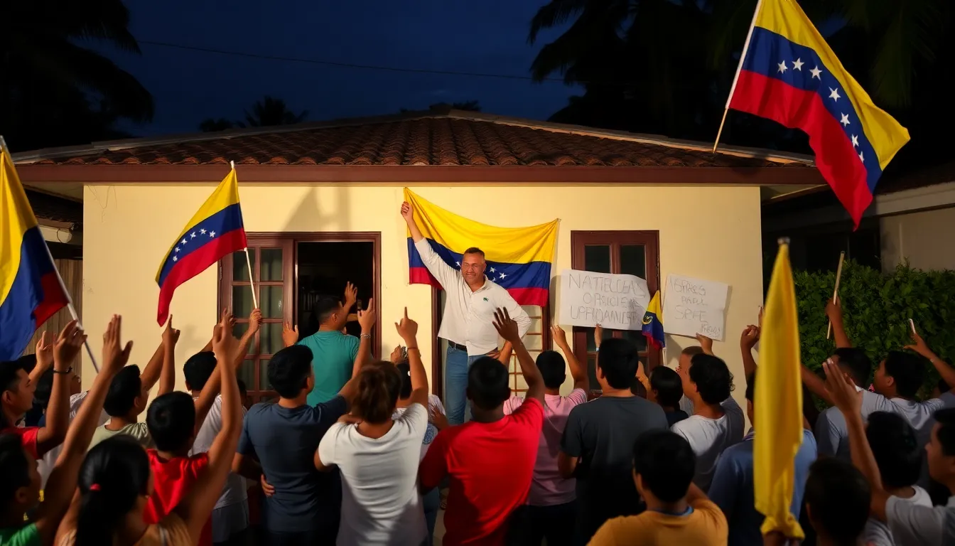 A jubilant crowd gathers outside a home in Venezuela to welcome a recently released political prisoner, holding banners and flags while expressing their support for human rights and political freedom.