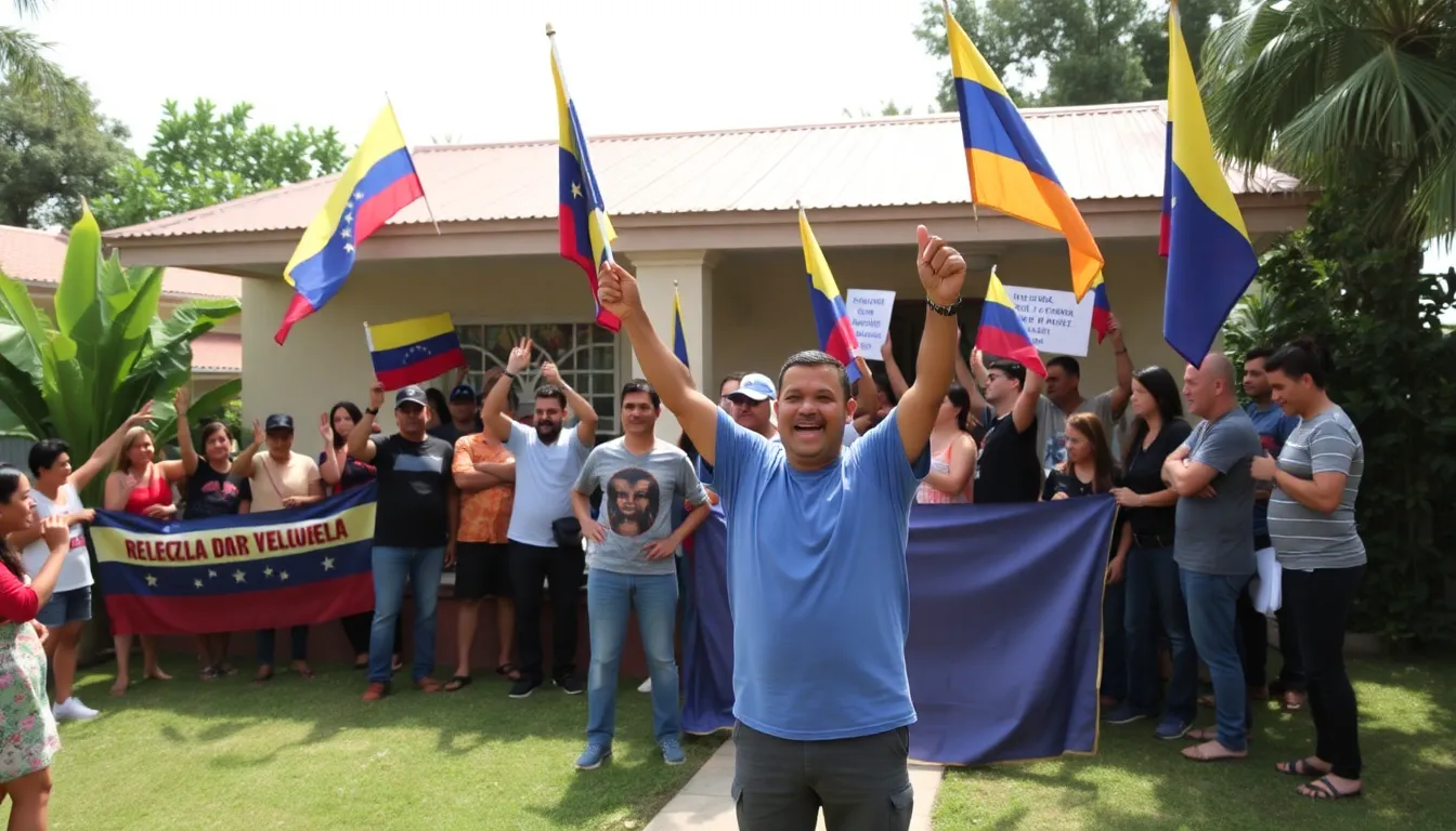 Family members embracing the released political prisoner, symbolizing the emotional reunification after years of separation