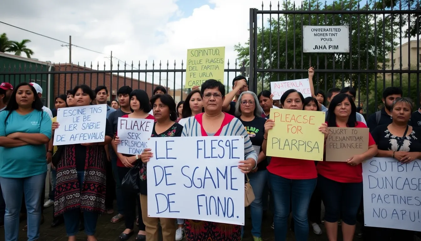 Supporters and families of political detainees gather anxiously outside a prison in Caracas, holding banners and signs while waiting for news of potential releases.