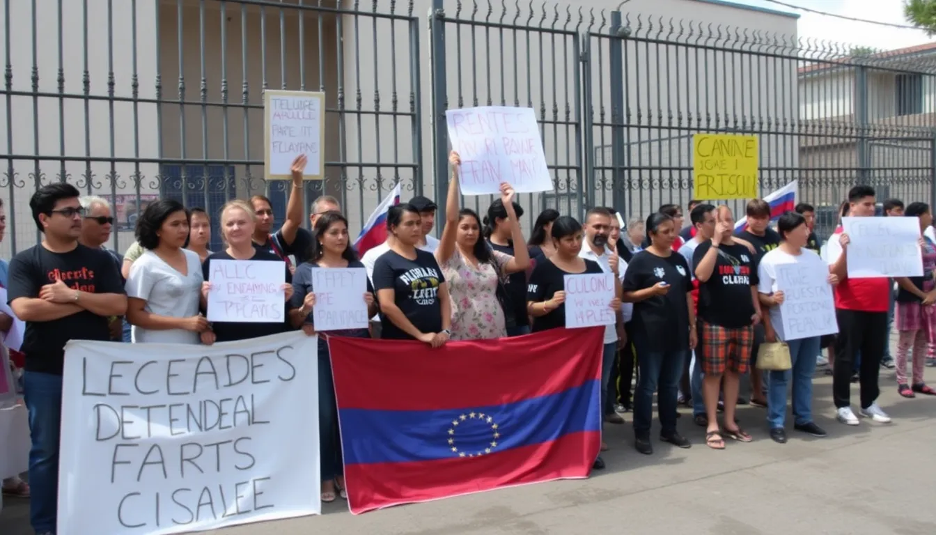 A tense atmosphere envelops the crowd as relatives anxiously share stories of their loved ones imprisoned for their political beliefs