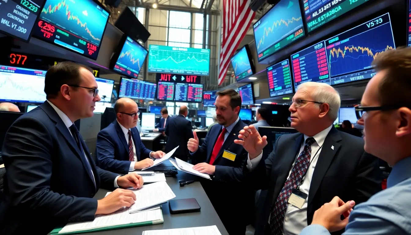 A group of financial analysts discusses market trends in a bustling Wall Street office, with screens displaying stock prices and graphs reflecting the recent decline in climaterelated investments.