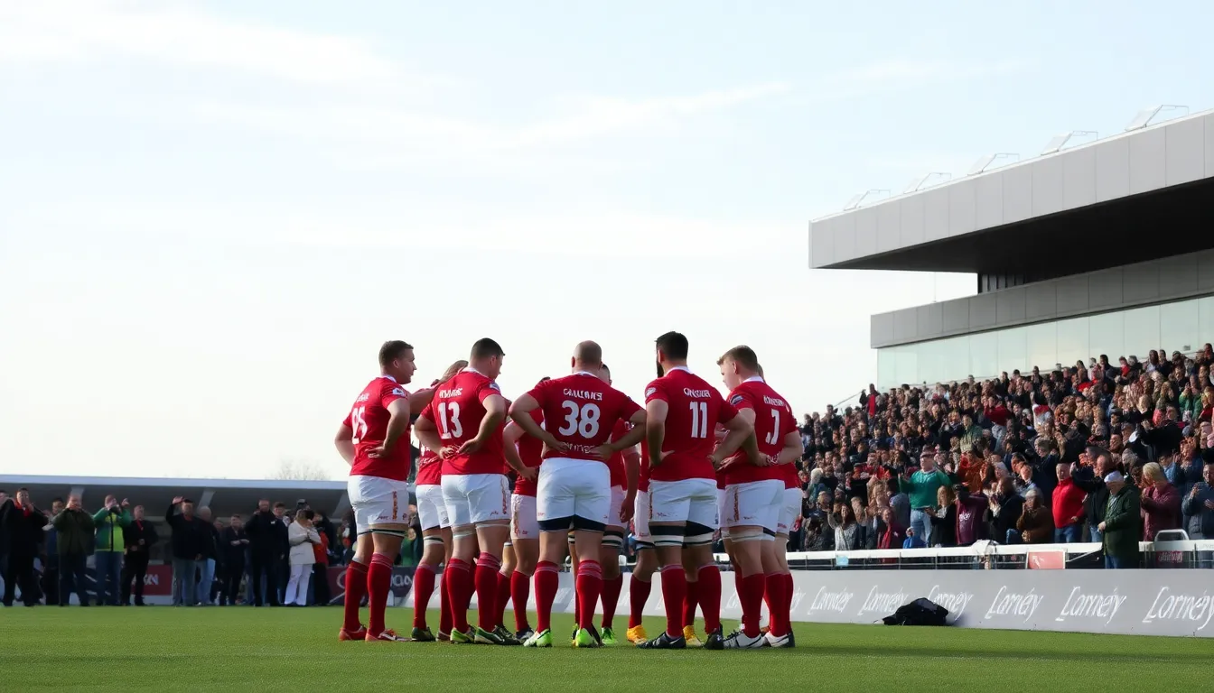 Cardiff Rugby players huddle on the field, strategizing before an important match in the Heineken Champions Cup as fans cheer from the stands.