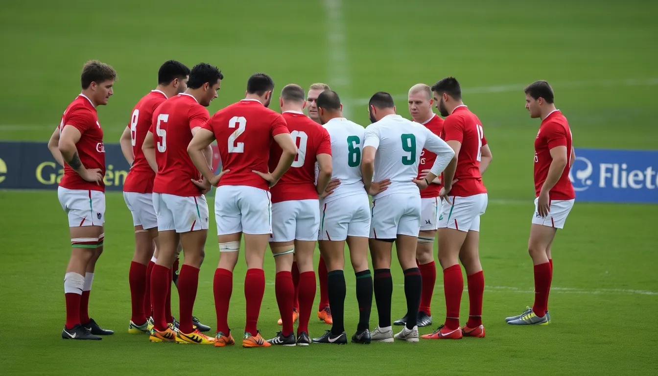 Welsh rugby players huddle together on the field, strategizing during a tense moment in a European tournament match.