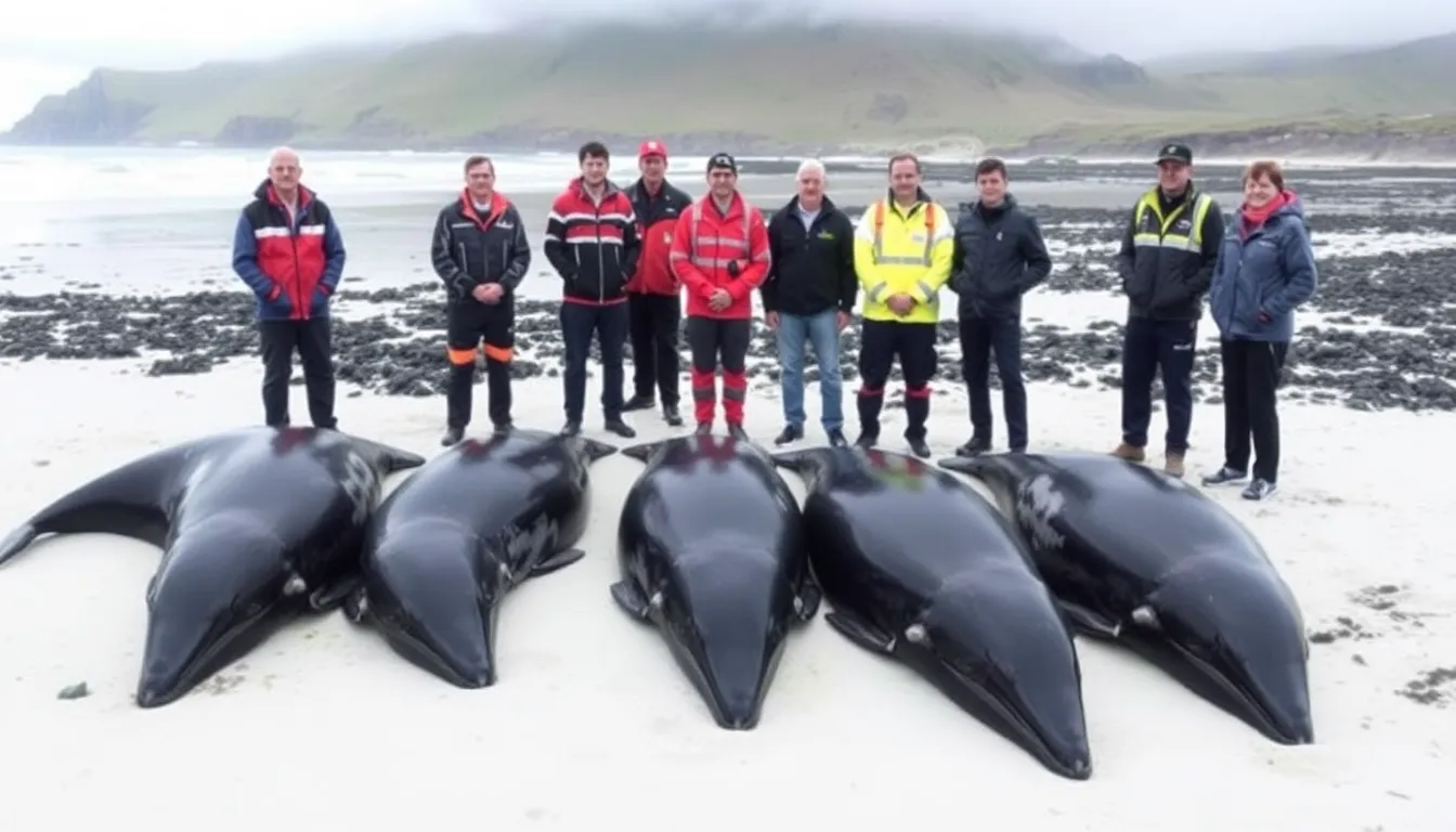 Rescue teams and local volunteers gather on a remote New Zealand beach, mourning the loss of six pilot whales that died after a mass stranding incident.