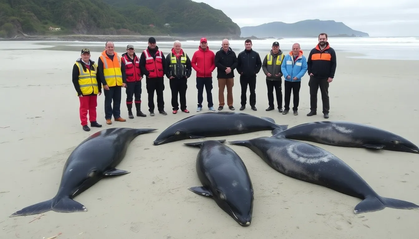 A closeup view of the stranded pilot whales, showcasing their distinctive features while highlighting the urgent need for research into the causes of such mass strandings