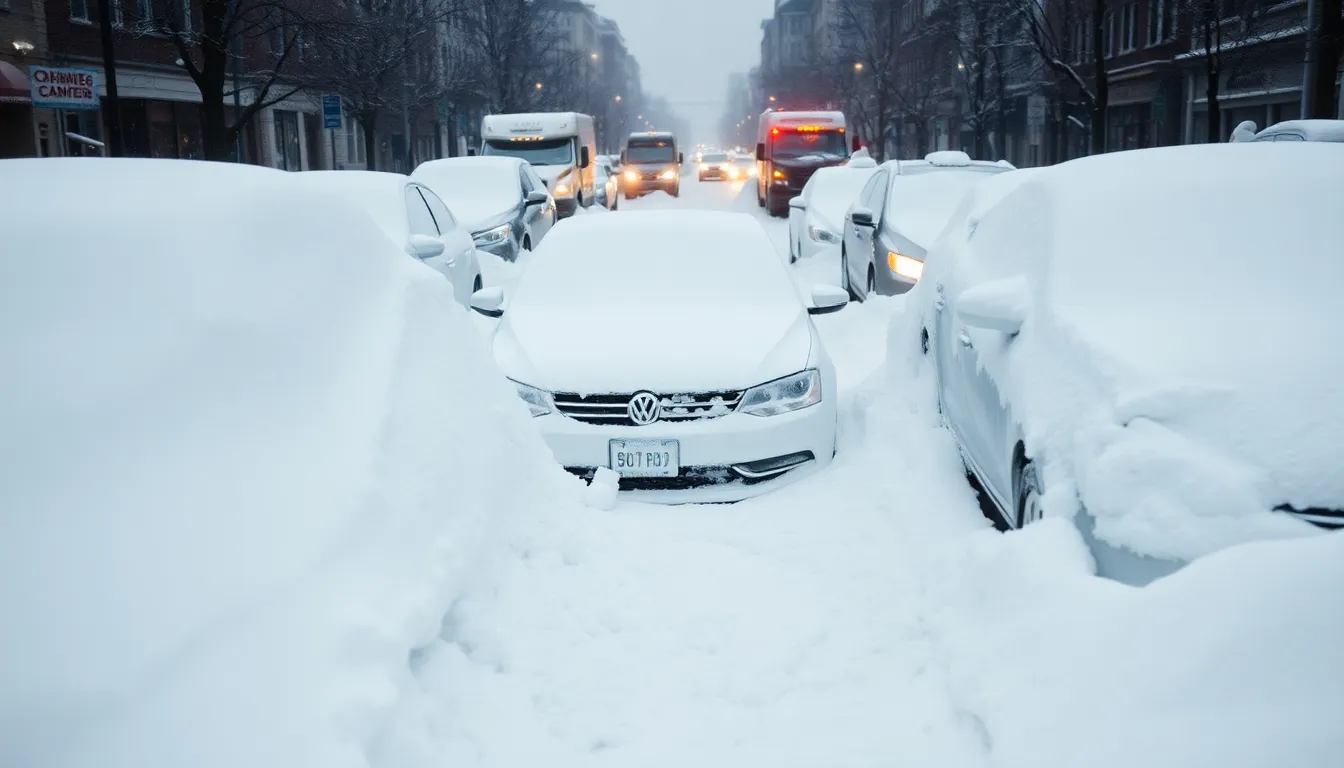 A snowcovered street in Toronto shows abandoned vehicles buried under more than 50 centimeters of fresh snow, while snowplows work to clear the main roads amidst a winter storm.