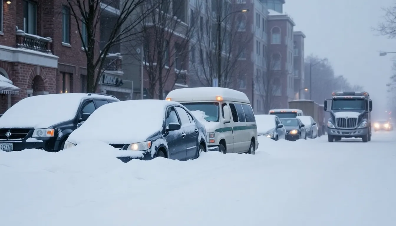 A snowplow clearing a major roadway as city crews work tirelessly to restore access amid the ongoing snowfall