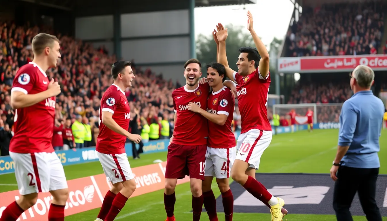 Wrexham players celebrate passionately after winning the penalty shootout against Nottingham Forest, with fans cheering in the background.