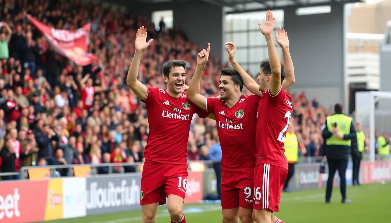Fans erupting in joy and excitement, waving flags and cheering as Wrexham secures their victory over Forest