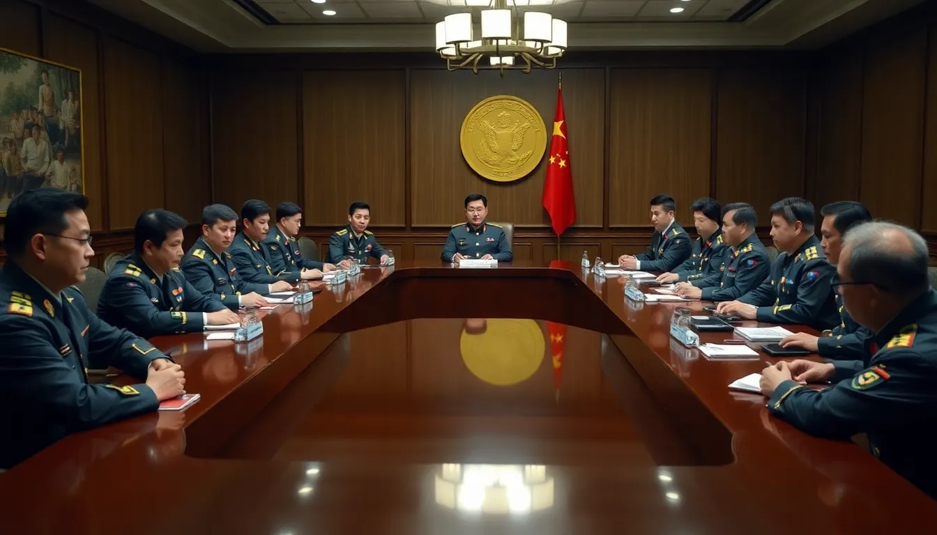 Chinese military officials gather in a tense meeting room, reflecting the recent purges and strategic shifts within the People's Liberation Army amid rising tensions with Taiwan.
