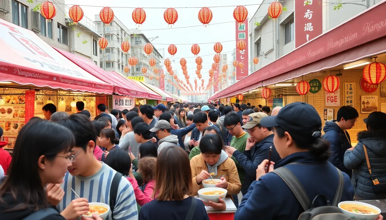 crowds of people enjoying bowls of steaming ramen at a bustling food festival in Yamagata, celebrating the city's recent designation as Japan's ramen capital.
