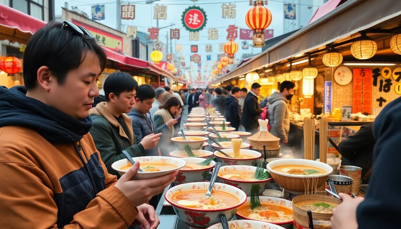 Tourists exploring Yamagata's ramen scene, enjoying tasting experiences and engaging with local food culture