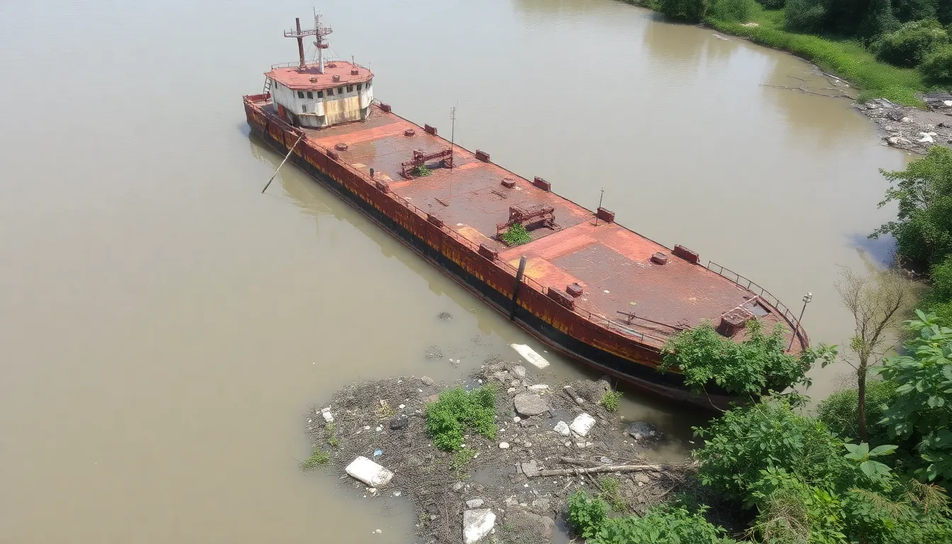 A rusted, abandoned oil tanker sits partially submerged in murky waters, surrounded by debris and overgrown vegetation, highlighting the environmental hazards posed by derelict vessels.