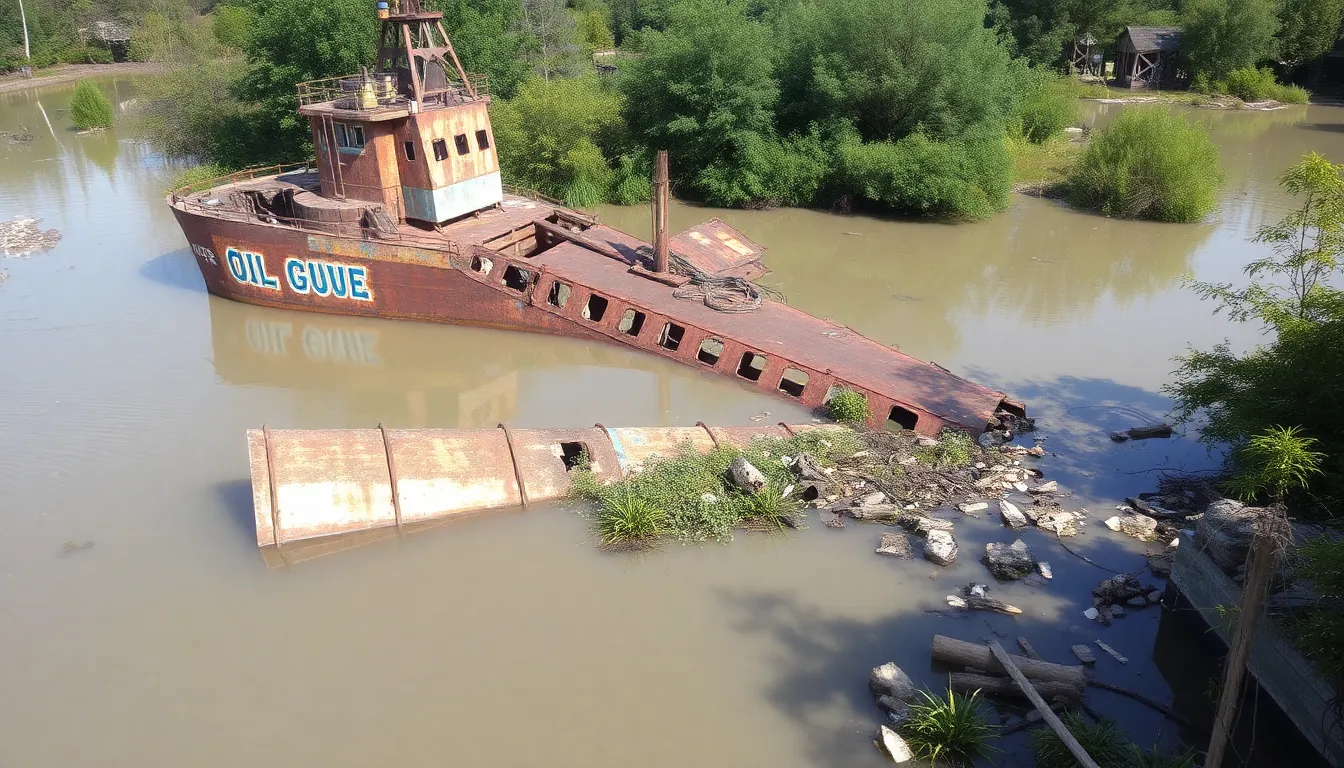 Emergency response teams work diligently to contain an oil spill in the Gulf of Mexico, addressing the immediate environmental threat posed by an abandoned tanker