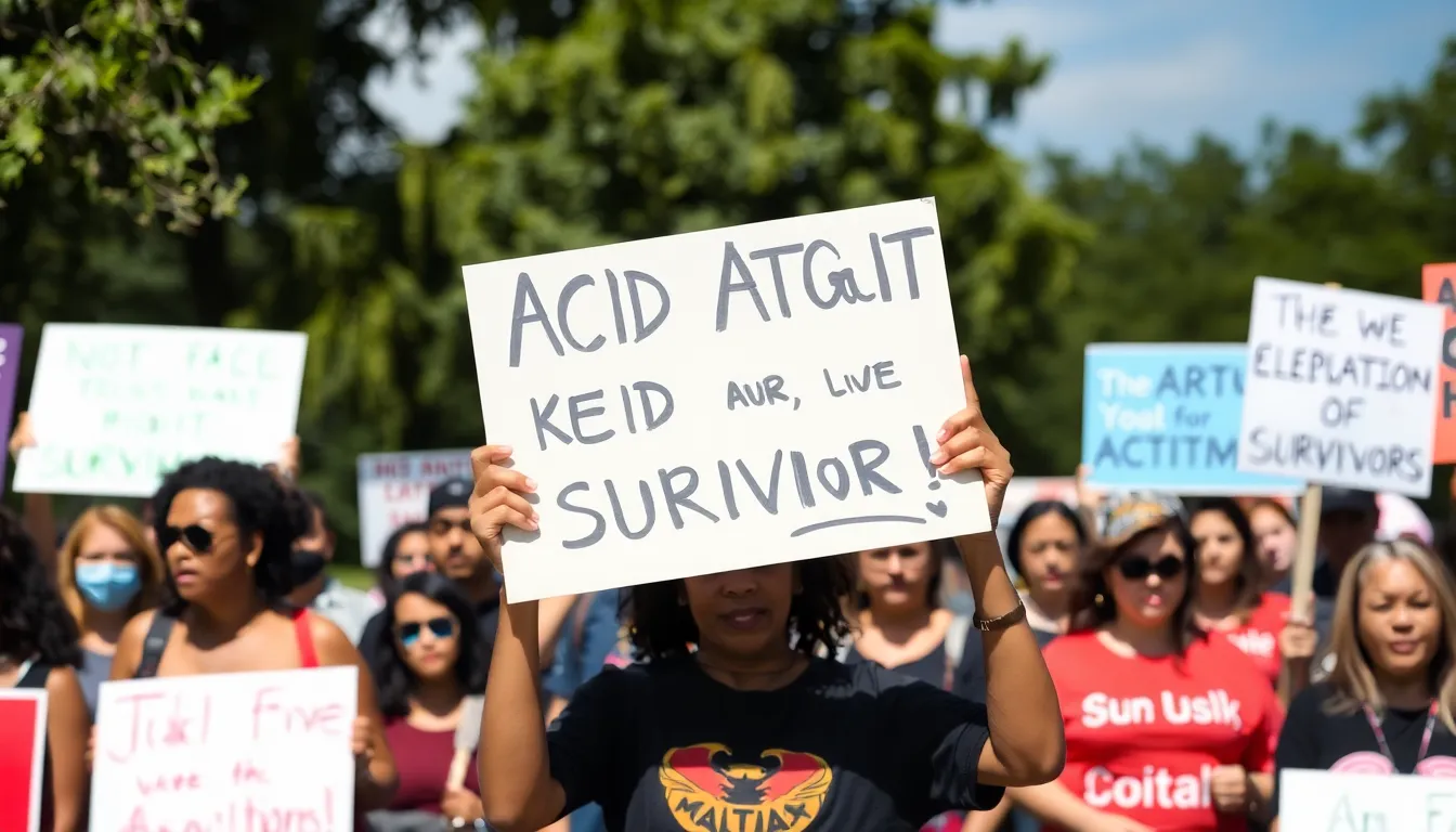 A determined acid attack survivor stands at a rally, holding a sign that calls for justice and societal change while surrounded by supporters advocating for the rights of survivors.