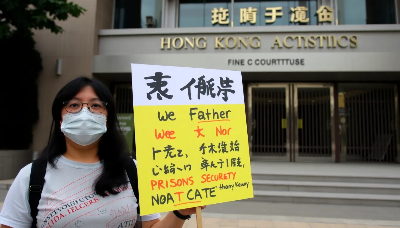 Protesters holding banners during a demonstration, demanding justice and accountability from the Hong Kong government in response to the imprisonment of activists